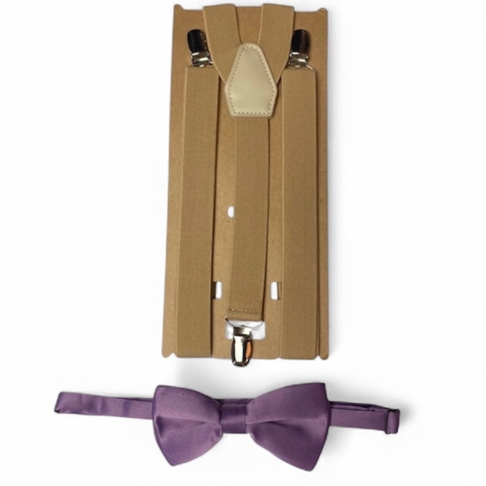 Khaki Tan Suspenders and Purple Bow Tie Set